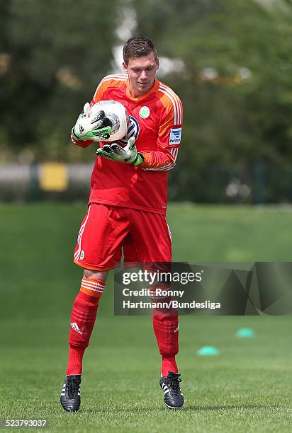 Goalkeeper Max Gruen of Wolfsburg in action during the VfL Wolfsburg Media Day for DFL at the training ground of the team on July 18, 2013 in...