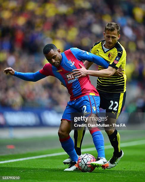 Jason Puncheon of Crystal Palace is challenged by Almen Abdi of Watford during the The Emirates FA Cup Semi Final between Crystal Palace and Watford...