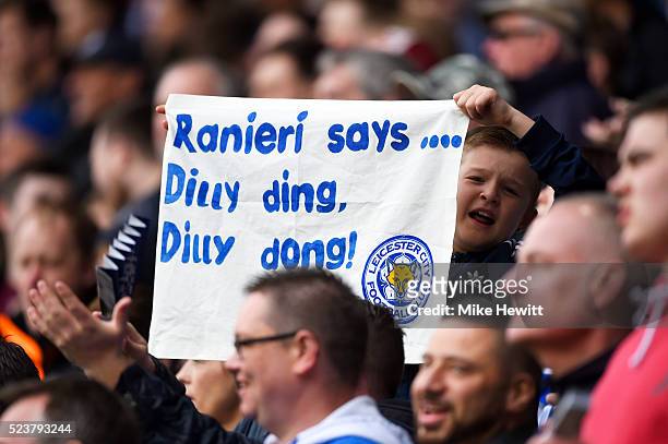 Leicester City fan holds a banner prior to during the Barclays Premier League match between Leicester City and Swansea City at The King Power Stadium...