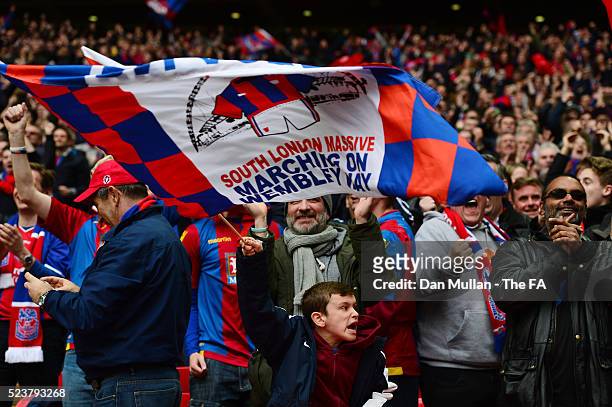Crystal Palace fans cheer on their team during the The Emirates FA Cup Semi Final between Crystal Palace and Watford at Wembley Stadium on April 24,...