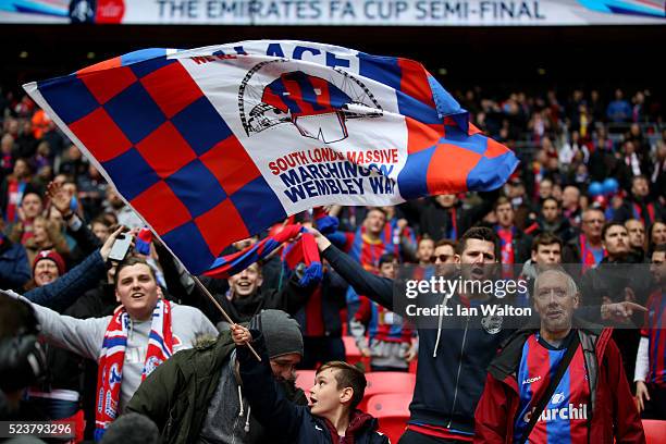 Crystal Palace fans show their support prior to The Emirates FA Cup semi final match between Watford and Crystal Palace at Wembley Stadium on April...