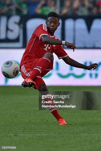 David Alaba plays the ball during the Telekom Cup 2013 final match between Borussia Moenchengladbach and FC Bayern Muenchen at Borussia-Park on July...