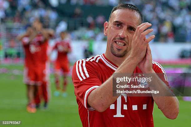 Franck Ribery celebrates winning the Telekom Cup 2013 final match between Borussia Moenchengladbach and FC Bayern Muenchen at Borussia-Park on July...