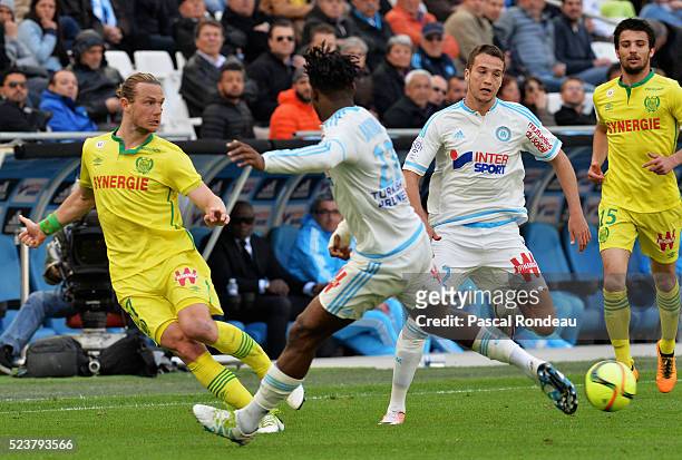 Guillaume Gillet from Nantes in action during the game between Olympique de Marseille v FC Nantes at Stade Velodrome on April 24, 2016 in Marseille,...