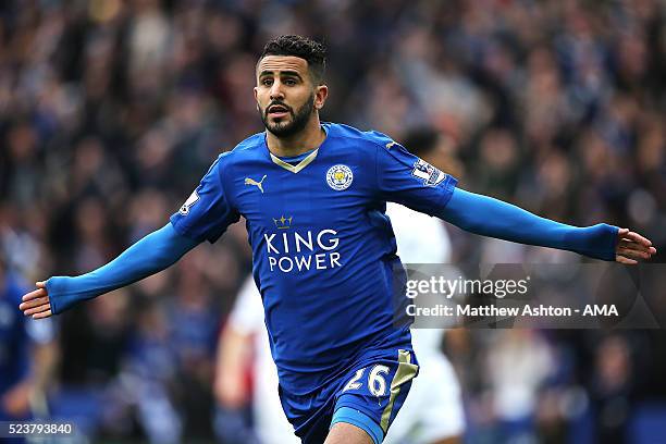 Riyad Mahrez of Leicester City celebrates scoring a goal to make the score 1-0 during the Barclays Premier League match between Leicester City and...