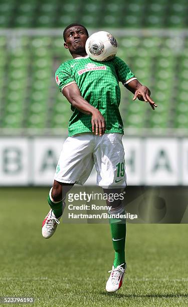 Joseph Akpala of Bremen in action during the Werder Bremen Media Day for DFL at Weser Stadium on July 29, 2013 in Bremen, Germany.