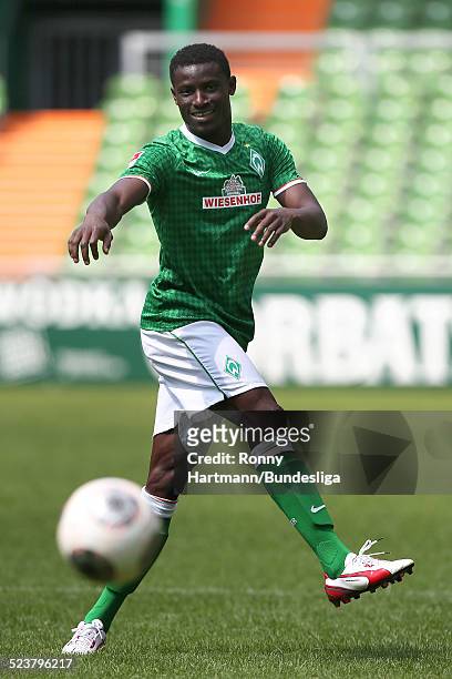 Joseph Akpala of Bremen in action during the Werder Bremen Media Day for DFL at Weser Stadium on July 29, 2013 in Bremen, Germany.