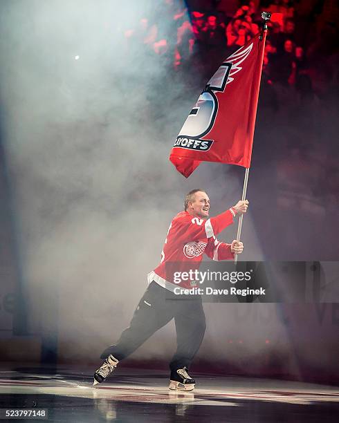 Former Detroit Red Wing Darren McCarty skates around in the pre game show before Game Four of the Eastern Conference First Round between the Detroit...