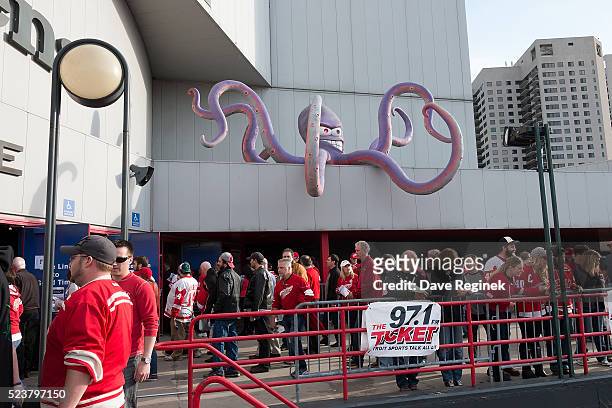 Fans gather outside the entrance before Game Four of the Eastern Conference First Round between the Detroit Red Wings and the Tampa Bay Lightning...