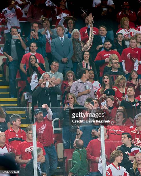 Fan tosses an Octopus over the glass before Game Four of the Eastern Conference First Round between the Detroit Red Wings and the Tampa Bay Lightning...