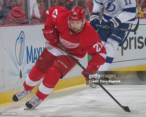 Tomas Tatar of the Detroit Red Wings follows the play against the Tampa Bay Lightning in Game Four of the Eastern Conference First Round during the...