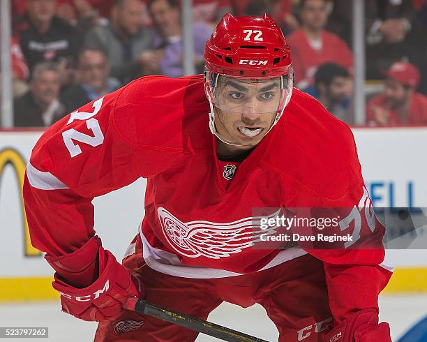 Andreas Athanasiou of the Detroit Red Wings gets set for the face-off against the Tampa Bay Lightning in Game Four of the Eastern Conference First...