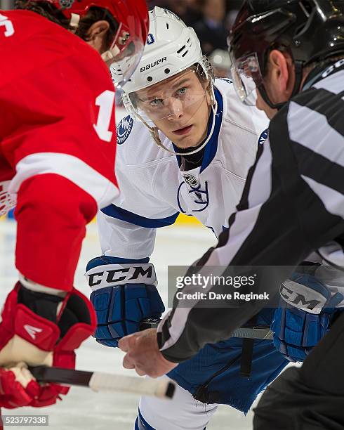 Vladislav Namestnikov of the Tampa Bay Lightning gets set for the face-off against the Detroit Red Wings in Game Four of the Eastern Conference First...