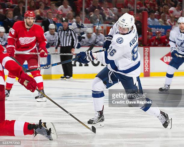 Nikita Kucherov of the Tampa Bay Lightning shoots the puck in Game Four of the Eastern Conference First Round against the Detroit Red Wings during...