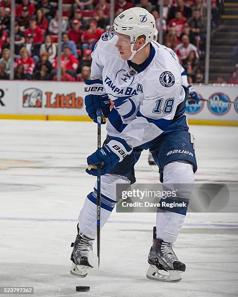 Ondrej Palat of the Tampa Bay Lightning skates up ice with the puck against the Detroit Red Wings in Game Four of the Eastern Conference First Round...