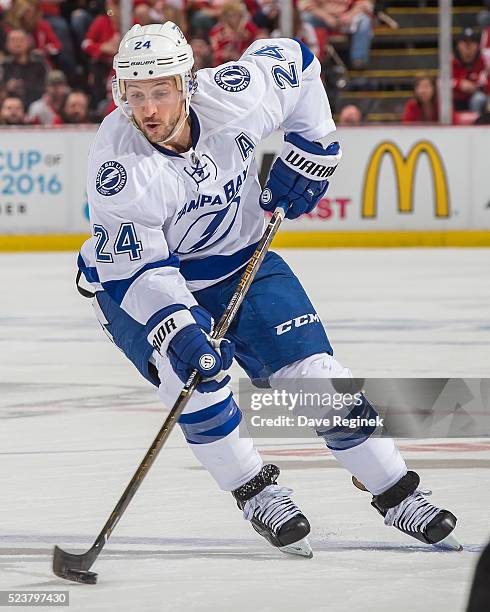 Ryan Callahan of the Tampa Bay Lightning skates up ice with the puck against the Detroit Red Wings in Game Four of the Eastern Conference First Round...