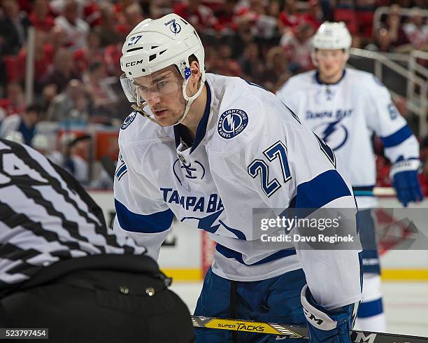 Jonathan Drouin of the Tampa Bay Lightning gets set for the face-off against the Detroit Red Wings in Game Four of the Eastern Conference First Round...