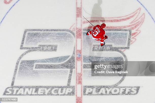 Pavel Datsyuk of the Detroit Red Wings skates up ice against the Tampa Bay Lightning in Game Four of the Eastern Conference First Round during the...