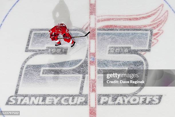 Pavel Datsyuk of the Detroit Red Wings skates up ice against the Tampa Bay Lightning in Game Four of the Eastern Conference First Round during the...