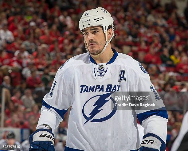 Brian Boyle of the Tampa Bay Lightning gets set for the face-off against the Detroit Red Wings in Game Four of the Eastern Conference First Round...