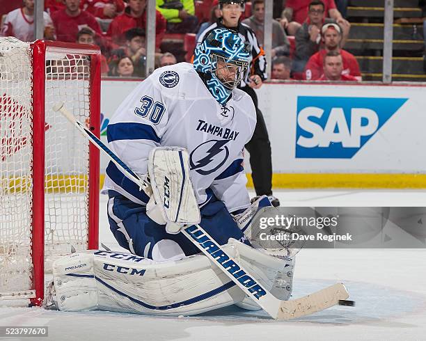 Ben Bishop of the Tampa Bay Lightning makes a save against the Detroit Red Wings in Game Four of the Eastern Conference First Round during the 2016...