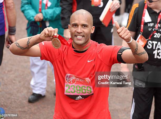 Clarke Carlisle finishes the Virgin London Marathon 2016 on April 24, 2016 in London, England.