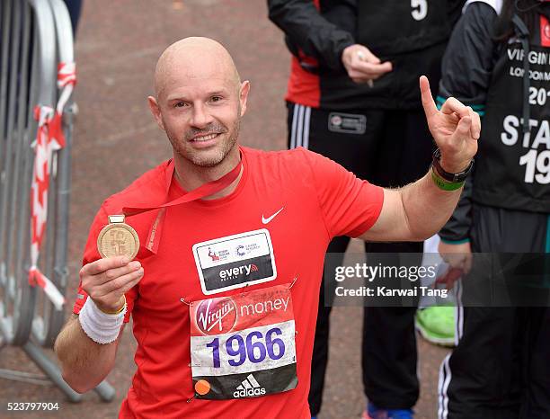 Danny Mills finishes the Virgin London Marathon 2016 on April 24, 2016 in London, England.