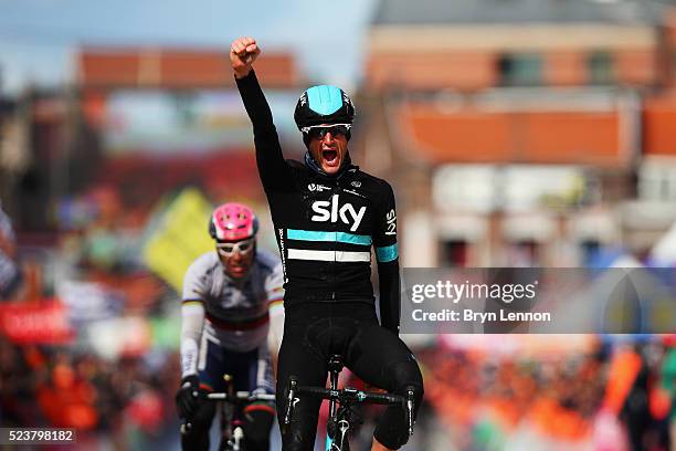 Wouter Poels of The Netherlands and Team SKY celebrates winning the 102nd Liege-Bastogne-Liege, a 253 km road race, on April 24, 2016 in Liege,...