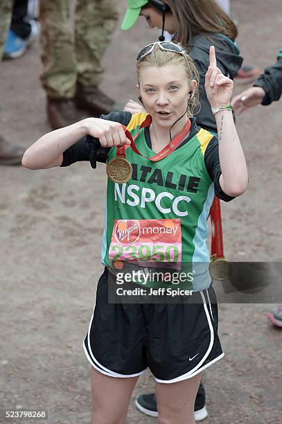 Natalie Dormer poses with her medal after completing the Virgin Money London Marathon on April 24, 2016 in London, England.