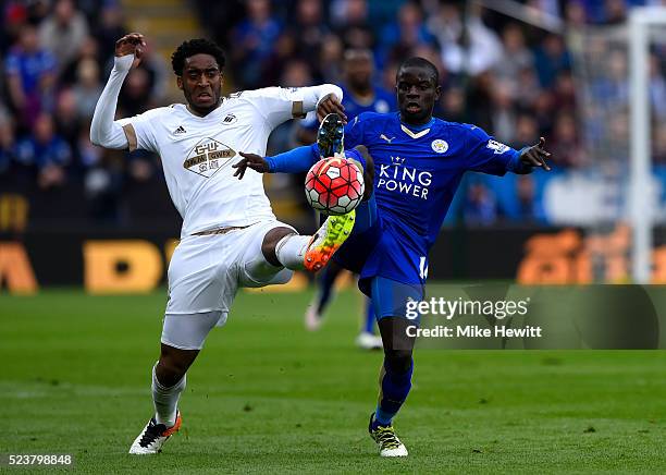 Leroy Fer of Swansea City and Ngolo Kante of Leicester City stretch for the ball during the Barclays Premier League match between Leicester City and...