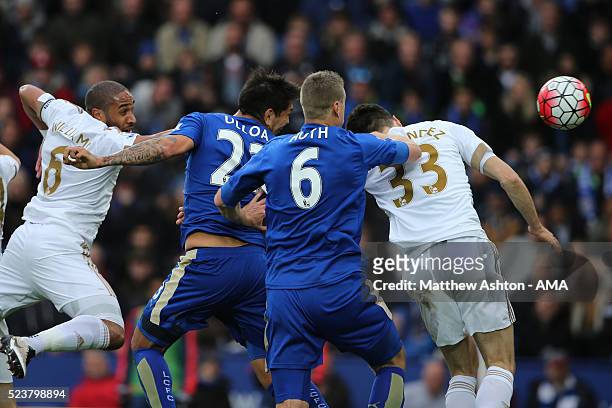 Leonardo Ulloa of Leicester City scores a goal to make the score 2-0 during the Barclays Premier League match between Leicester City and Swansea City...