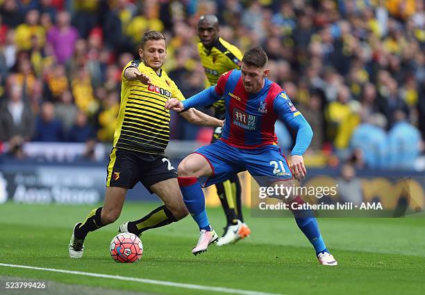 Almen Abdi of Watford and Connor Wickham of Crystal Palace during The Emirates FA Cup semi final match between Watford and Crystal Palace at Wembley...