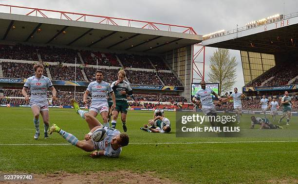 Johannes Goosen of Racing Metro 92 scores a try which is later disallowed during the European Champions Cup semi-final rugby union match between...