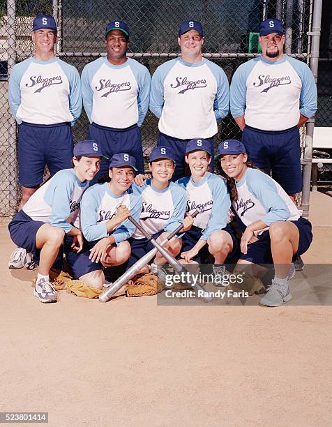 co-ed softball team - softball sport stock pictures, royalty-free photos & images