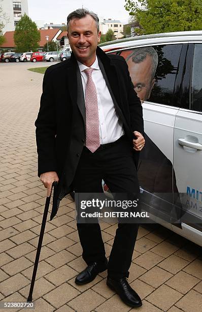 The candidat of the far-right Freedom Party Norbert Hofer arrives at the polling station at the first round of Austrian President elections on April...