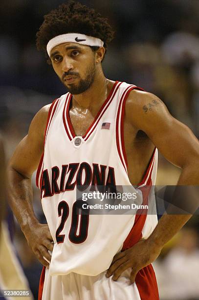 Salim Stoudamire of the Arizona Wildcats reacts during the 2005 Pacific Life Pac-10 Men's Basketball Tournament final game against the Washington...