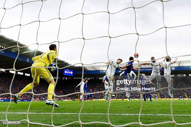Leonardo Ulloa of Leicester City scores their second goal with a header past goalkeeper Lukasz Fabianski of Swansea City during the Barclays Premier...