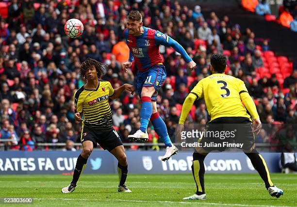 Connor Wickham of Crystal Palace scores their seocnd goal with a header during The Emirates FA Cup semi final match between Watford and Crystal...