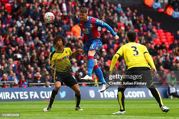 Connor Wickham of Crystal Palace scores their second goal with a header during The Emirates FA Cup semi final match between Watford and Crystal...