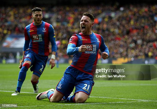 Connor Wickham of Crystal Palace celebrates as he scores their second goal with a header during The Emirates FA Cup semi final match between Watford...