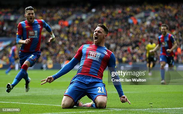 Connor Wickham of Crystal Palace celebrates as he scores their second goal with a header during The Emirates FA Cup semi final match between Watford...