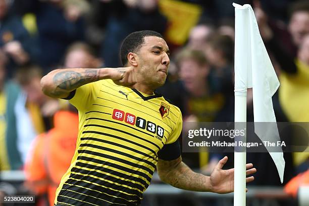 Troy Deeney of Watford celebrates scoring his team's opening goal during the Emirates FA Cup Semi Final between Crystal Palace and Watford at Wembley...