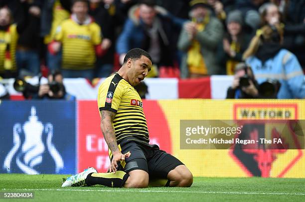 Troy Deeney of Watford celebrates scoring his team's opening goal during the Emirates FA Cup Semi Final between Crystal Palace and Watford at Wembley...