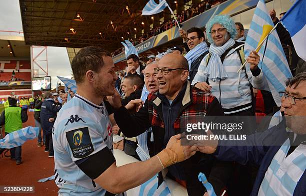 Wenceslas Lauret of Racing Metro 92 is congratulated after his team won 19-16 during the European Champions Cup semi-final rugby union match between...