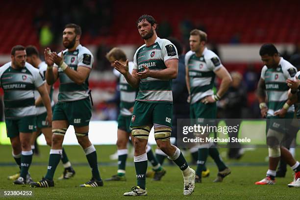 Dom Barrow of Leicester applauds the fans after his sides 16-19 defeat 92 during the European Rugby Champions Cup Semi-Final match between Leicester...