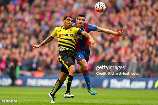 Scott Dann of Crystal Palace and Troy Deeney of Watford battle for the ball during The Emirates FA Cup semi final match between Watford and Crystal...