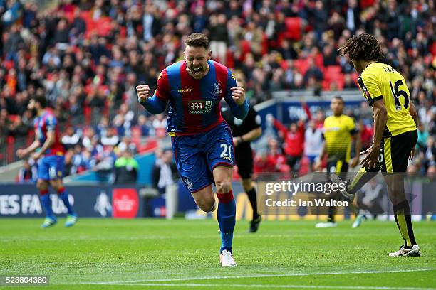 Connor Wickham of Crystal Palace celebrates as he scores their second goal with a header during The Emirates FA Cup semi final match between Watford...