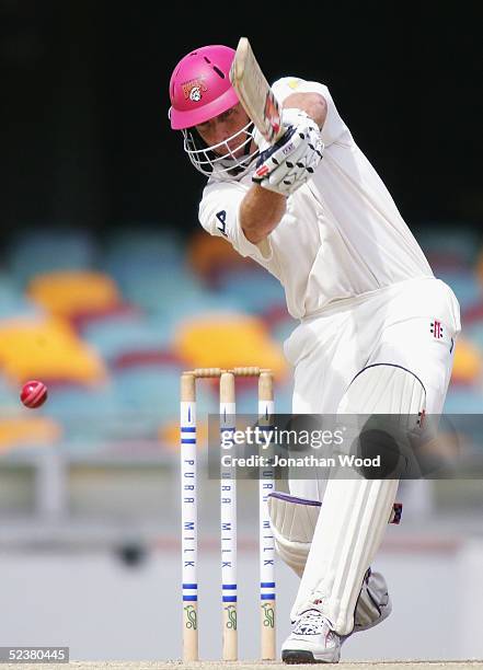 Wade Seccombe of the Bulls hits out during day four of the Pura Cup match between the Queensland Bulls and Western Warriors at the Gabba, March 13,...
