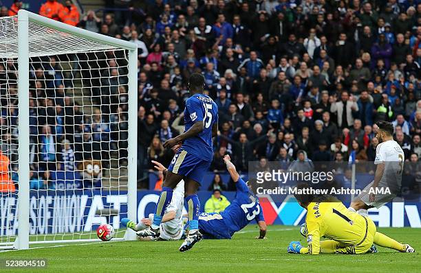 Leonardo Ulloa of Leicester City scores a goal to make the score 3-0 during the Barclays Premier League match between Leicester City and Swansea City...