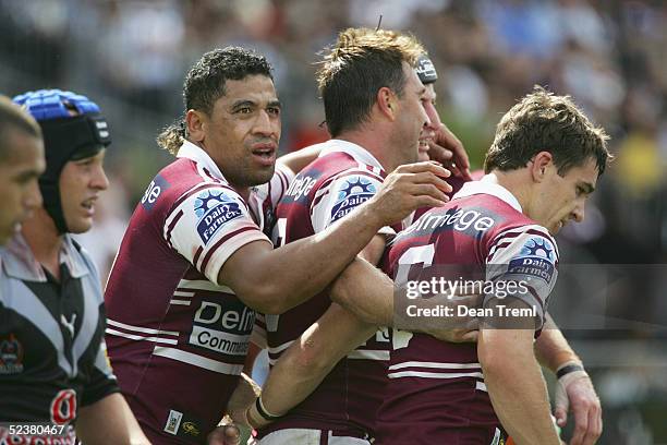 John Hopoate of the Sea Eagles congratulates team mates during the Round 1 NRL match between the New Zealand Warriors and the Manly Sea Eagles at...